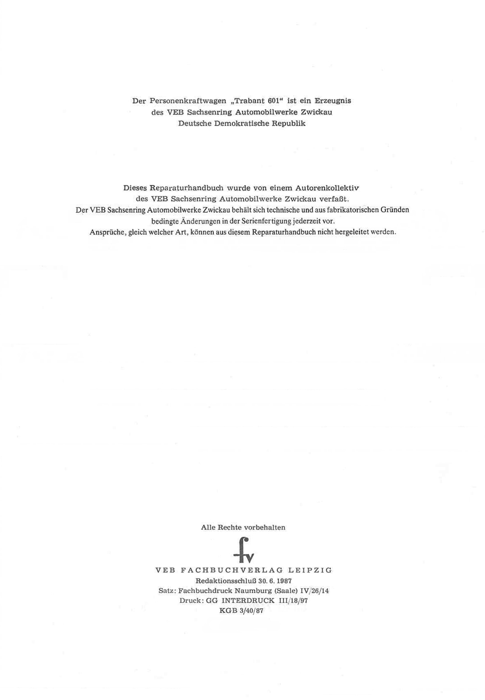 Reparaturhandbuch Weiterentwicklung Trabant 601